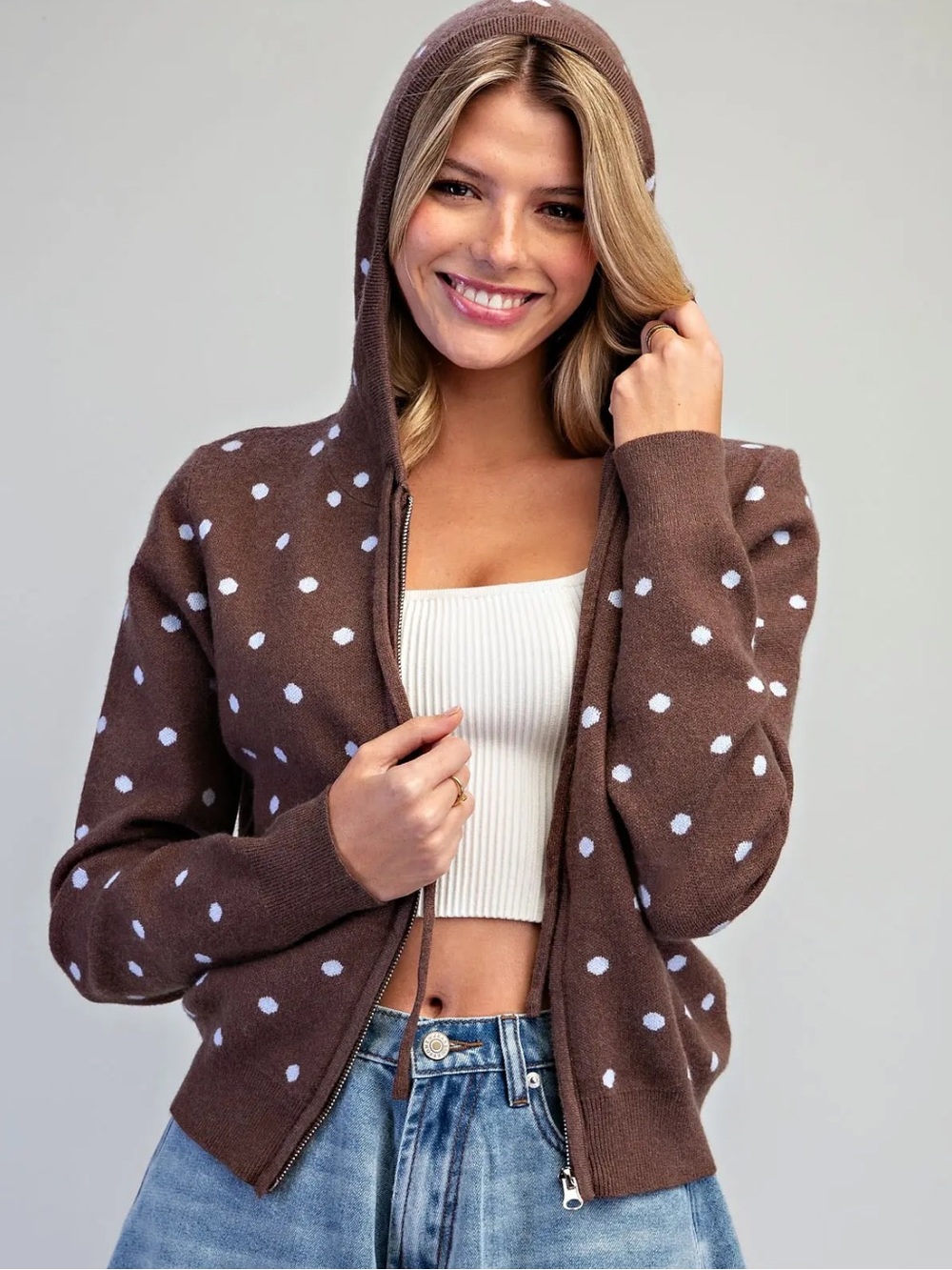 💕Coming Soon! Brown Polka Dot Hooded Zip Cardigan Sweater
